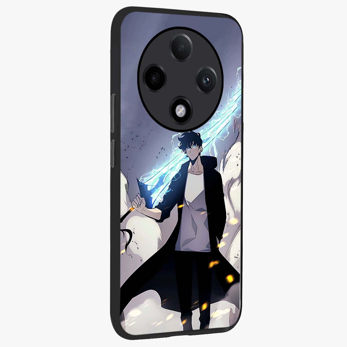 Dark Lightning Anime Warrior Glass Case upright view showcasing dramatic warrior artwork with dark lightning aesthetic.