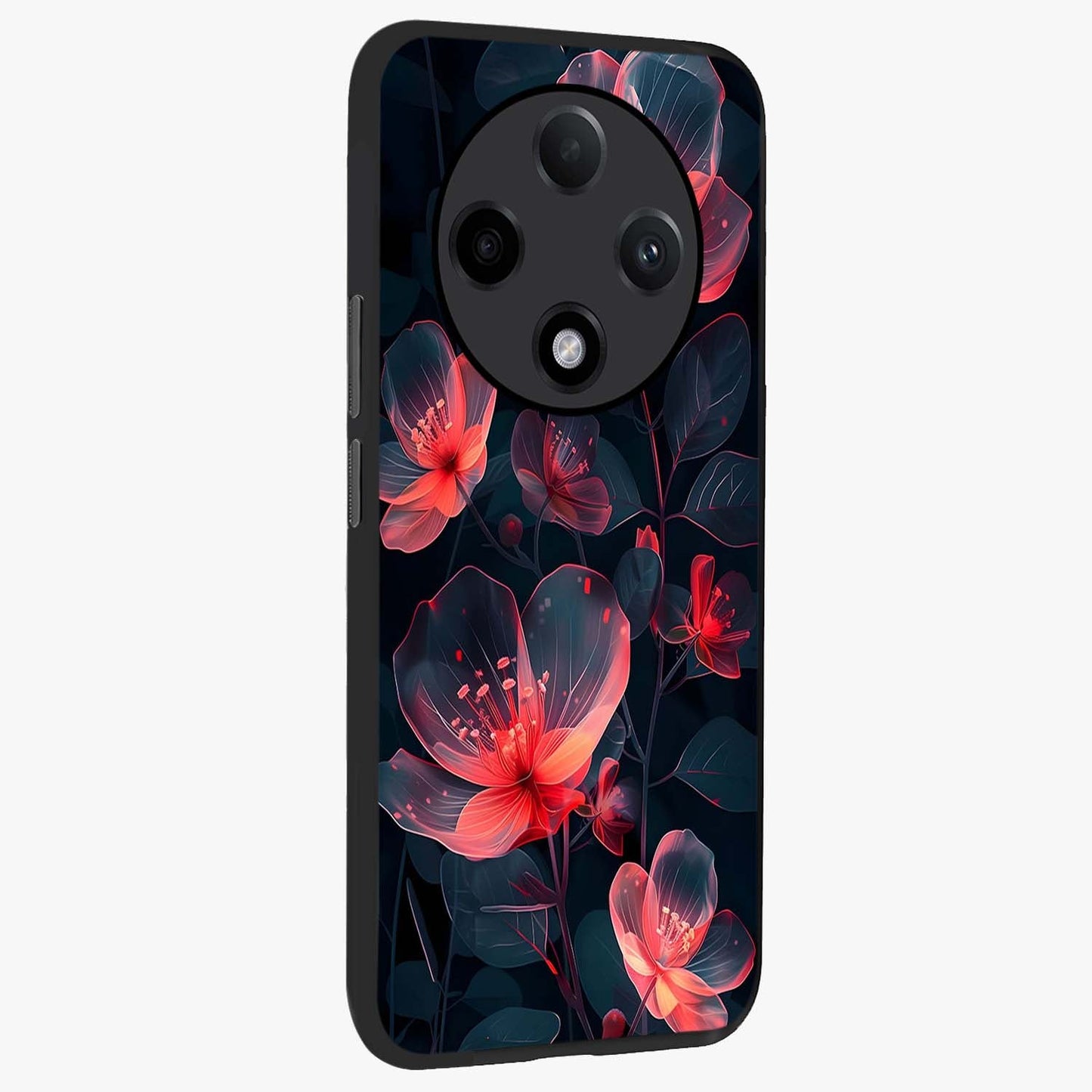 Dark Shade of Flower Glass Case upright view showcasing delicate flower artwork with rich dark floral theme.