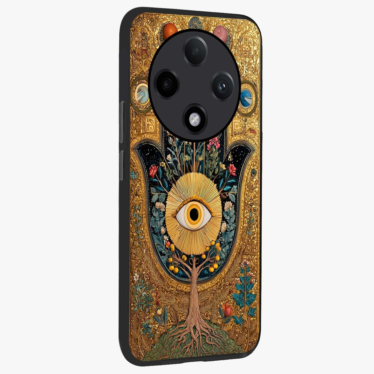 Ethereal Evil Eye Glass Case upright view showcasing celestial evil eye artwork with mystical theme.