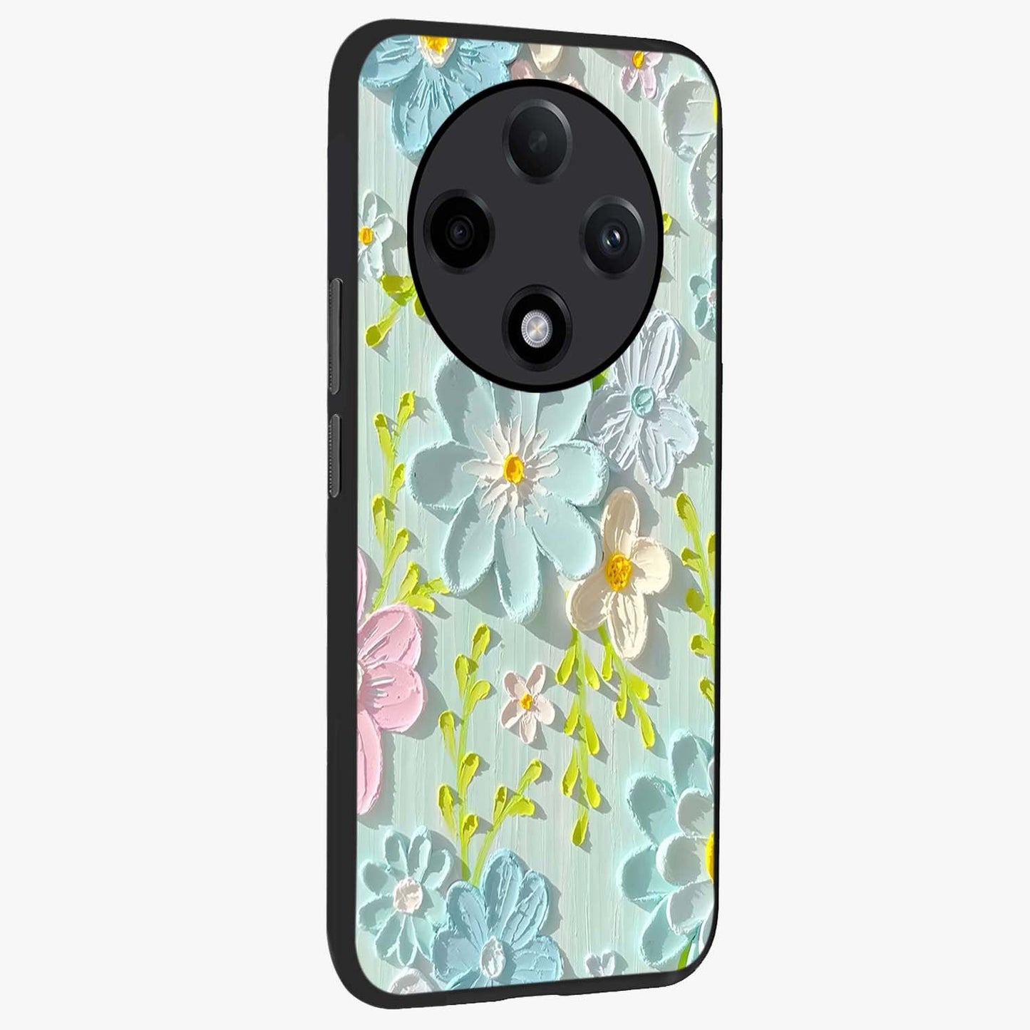 Frosted Petal Garden Glass Case upright view showcasing elegant floral garden artwork with soothing pastel theme.
