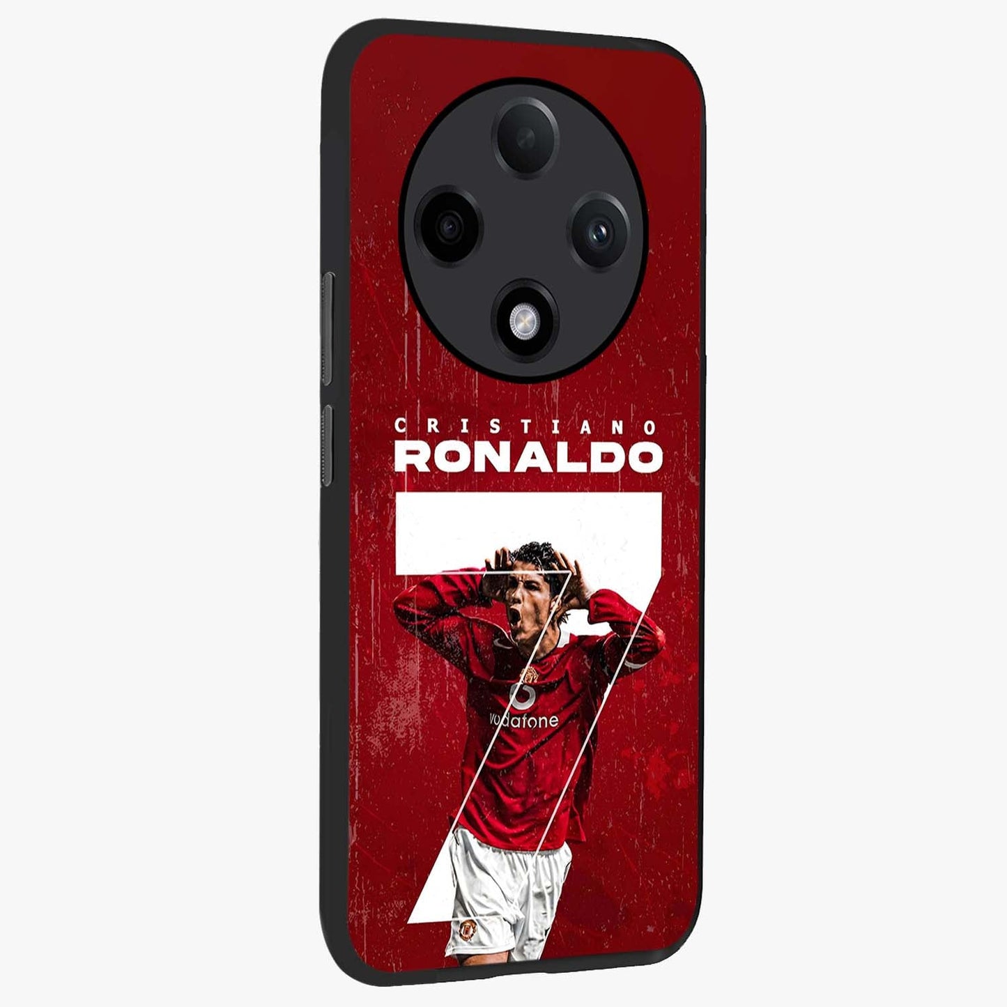 Goal Celebration Legacy Glass Case upright view showcasing dynamic football inspired artwork with victory celebration aesthetic.