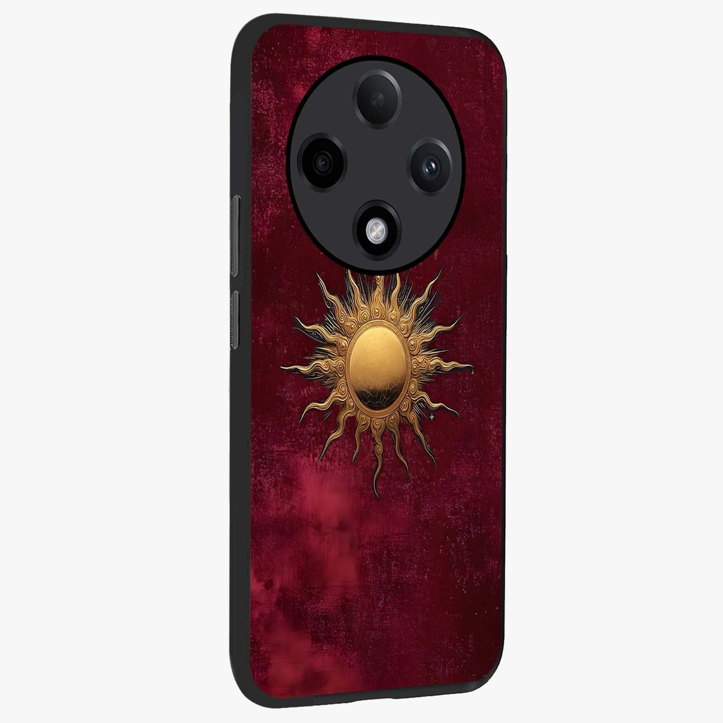 Golden Sun Minimalism Glass Case upright view showcasing simple golden sun artwork with elegant minimalist style.