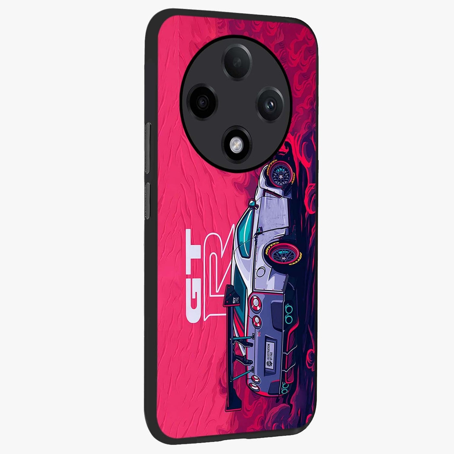 GT-R Car Pattern Glass Case upright view showcasing dynamic car pattern artwork with modern sports theme.