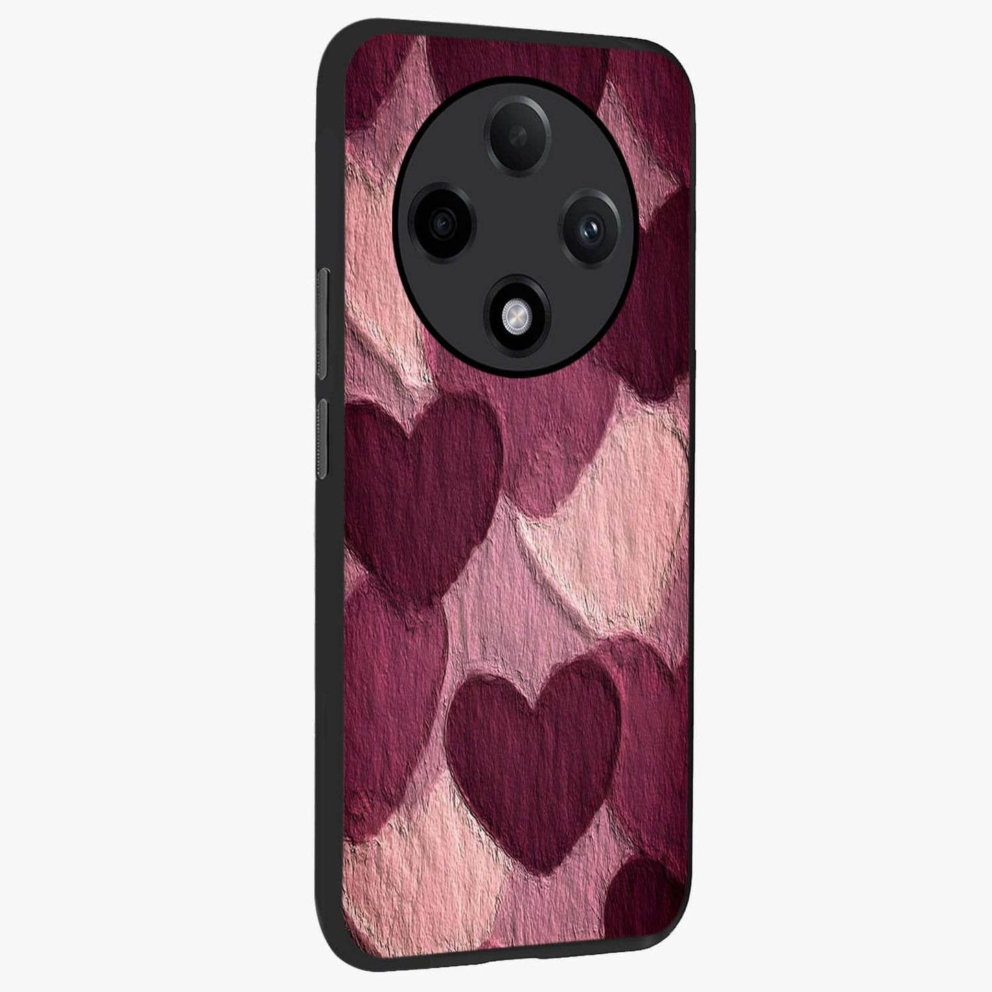 Layered Paper Hearts Glass Case upright view showcasing decorative layered heart artwork with sweet love theme.