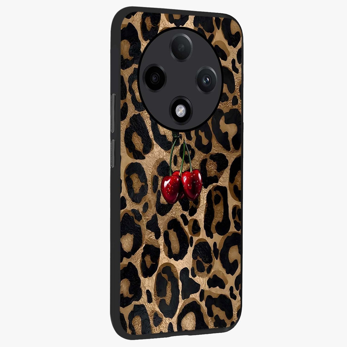 Leopard Wild Cherry Glass Case upright view showcasing stylish leopard pattern artwork with trendy fashion theme.