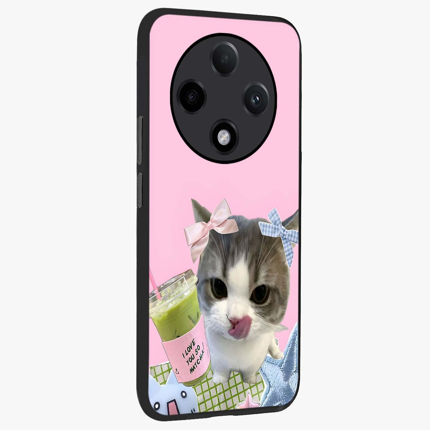 Love Matcha Cat Glass Case upright view showcasing adorable cat artwork with charming matcha themed design.