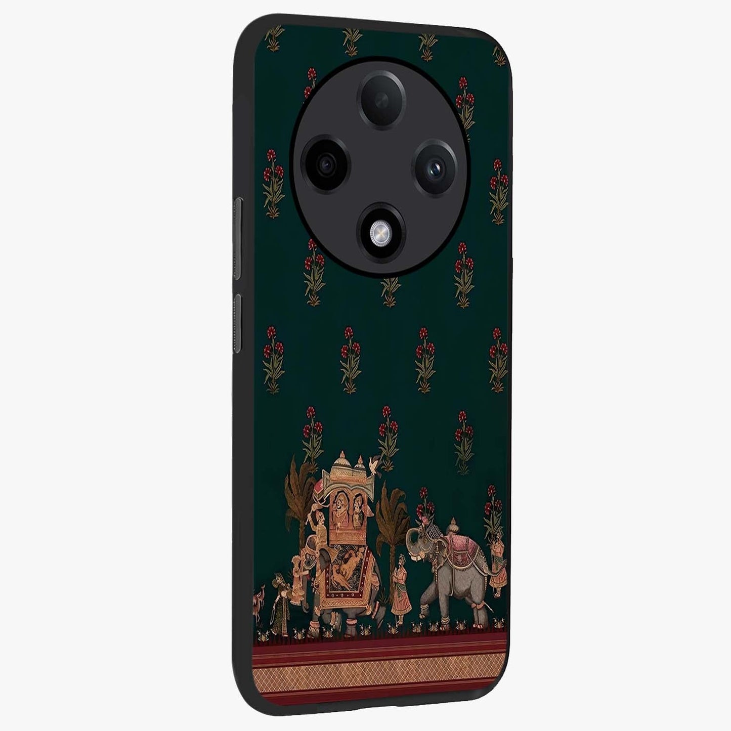 Macmerise Glass Case upright view showcasing bold artistic artwork with contemporary design theme.