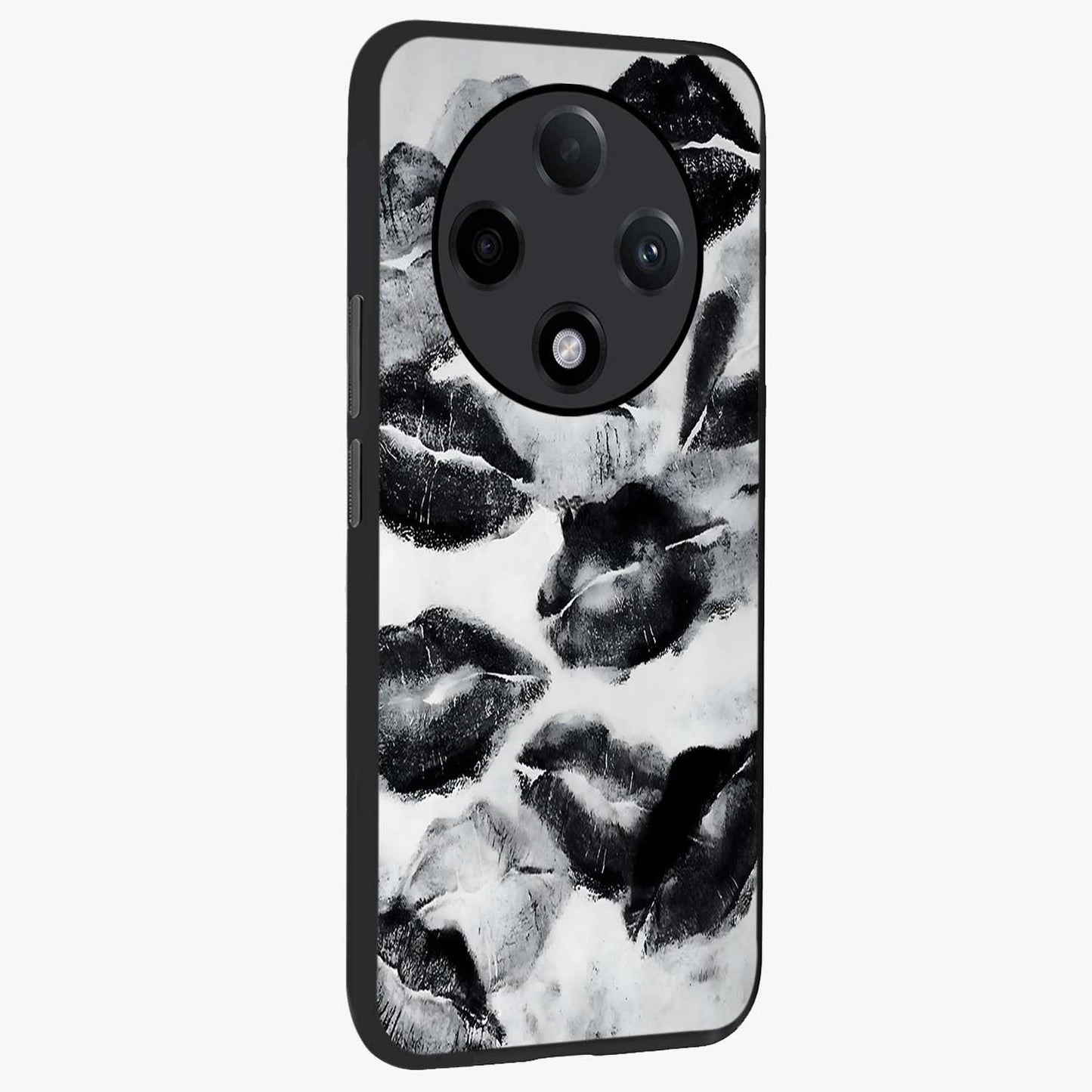 Midnight Kiss Marks Glass Case upright view showcasing stylish kiss mark artwork with trendy romantic theme.
