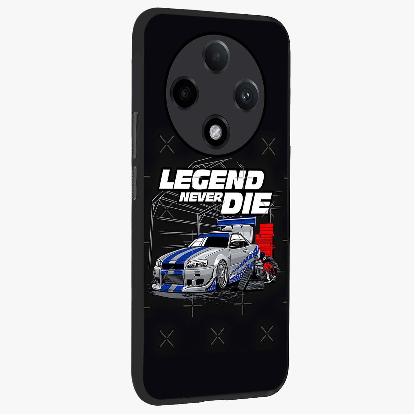 Midnight Racing Legacy Glass Case upright view showcasing powerful racing artwork with modern sports theme.