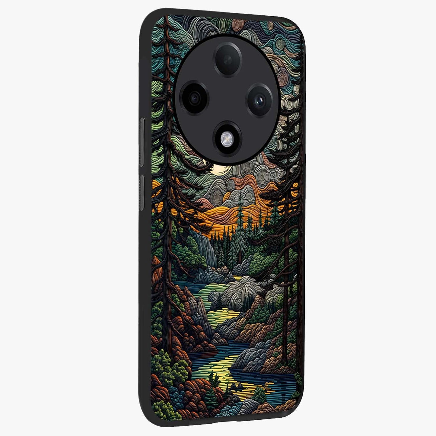 Moonlight Forest Dream Glass Case upright view showcasing magical forest artwork with calm night theme.