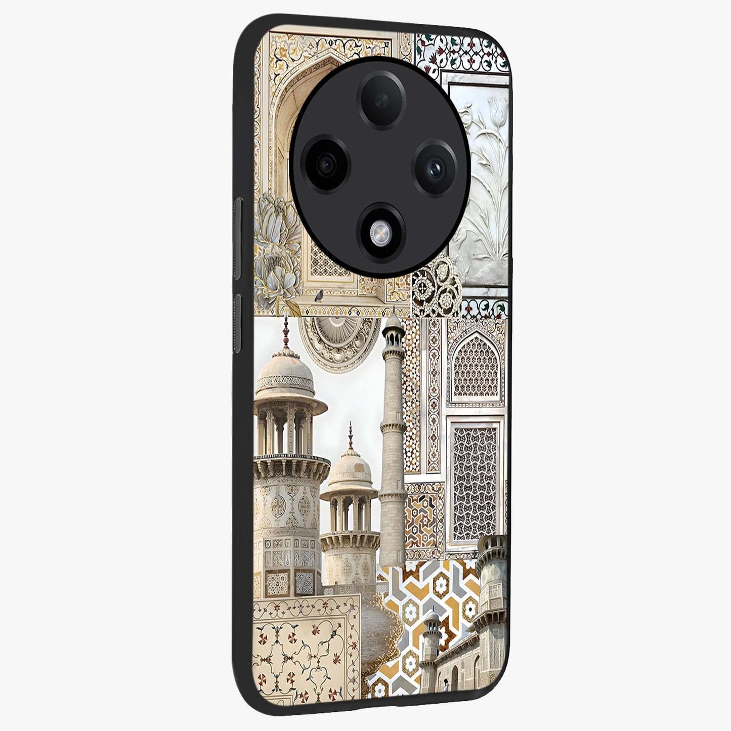 Mughal Marble Legacy Glass Case upright view showcasing ornate Mughal design with luxurious traditional theme.