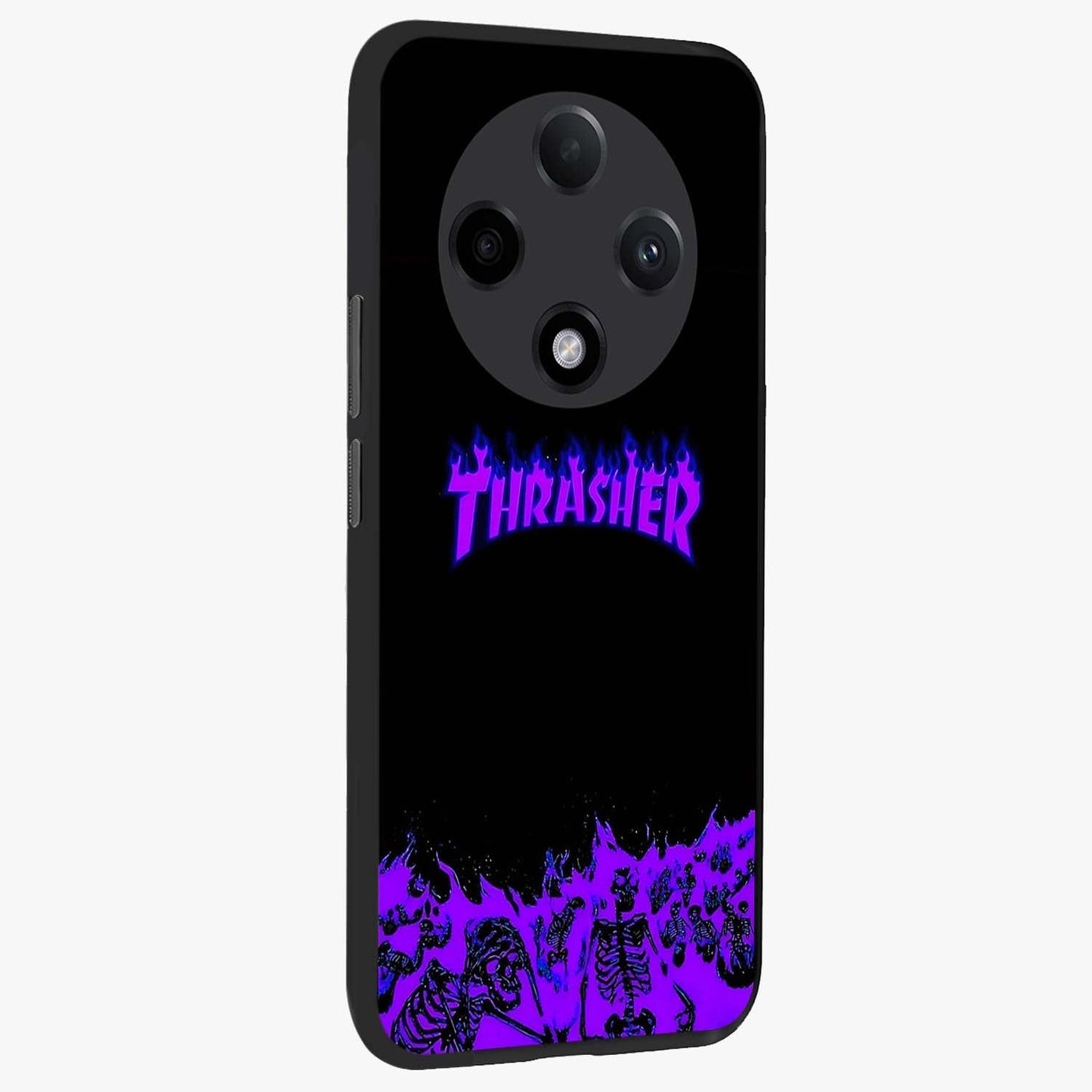 Neon Flame Riot Glass Case upright view showcasing dynamic flame artwork with energetic neon theme.