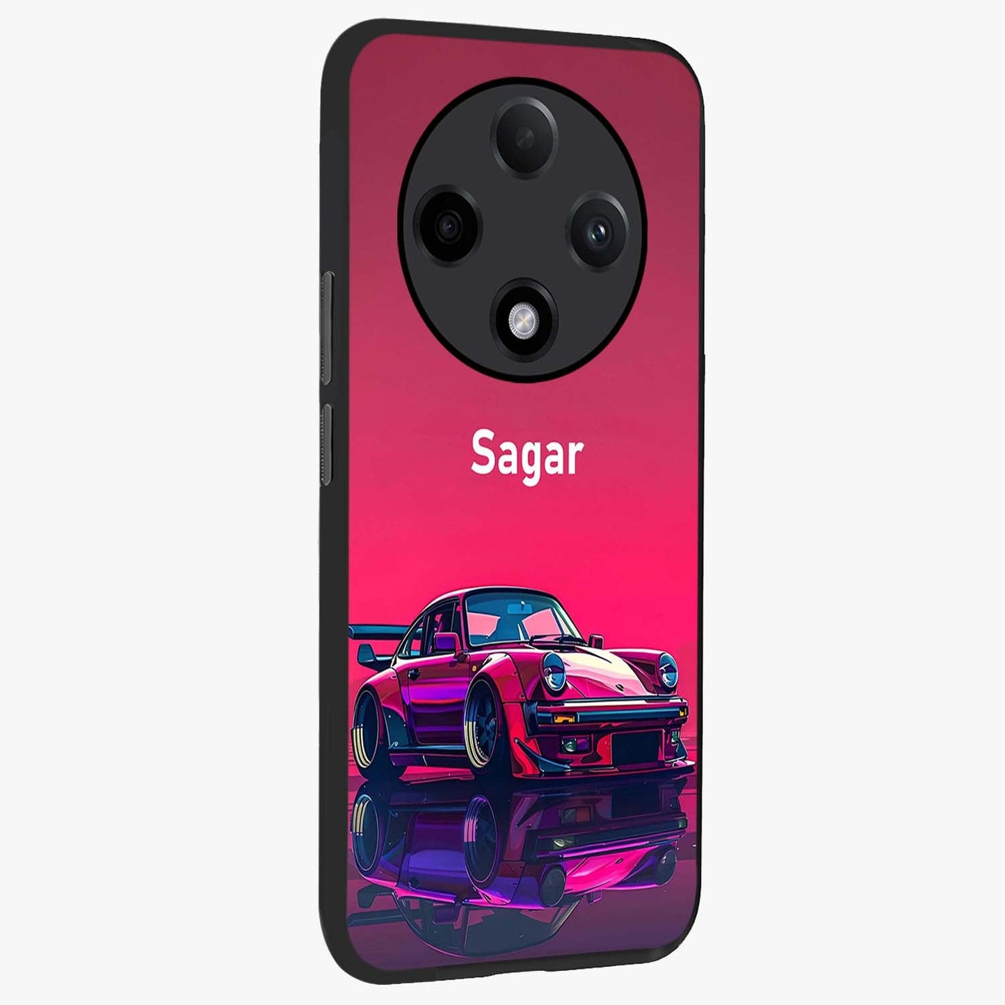 Neon Pink Porsche Glass Case upright view showcasing vibrant sports car artwork with bold automotive theme.