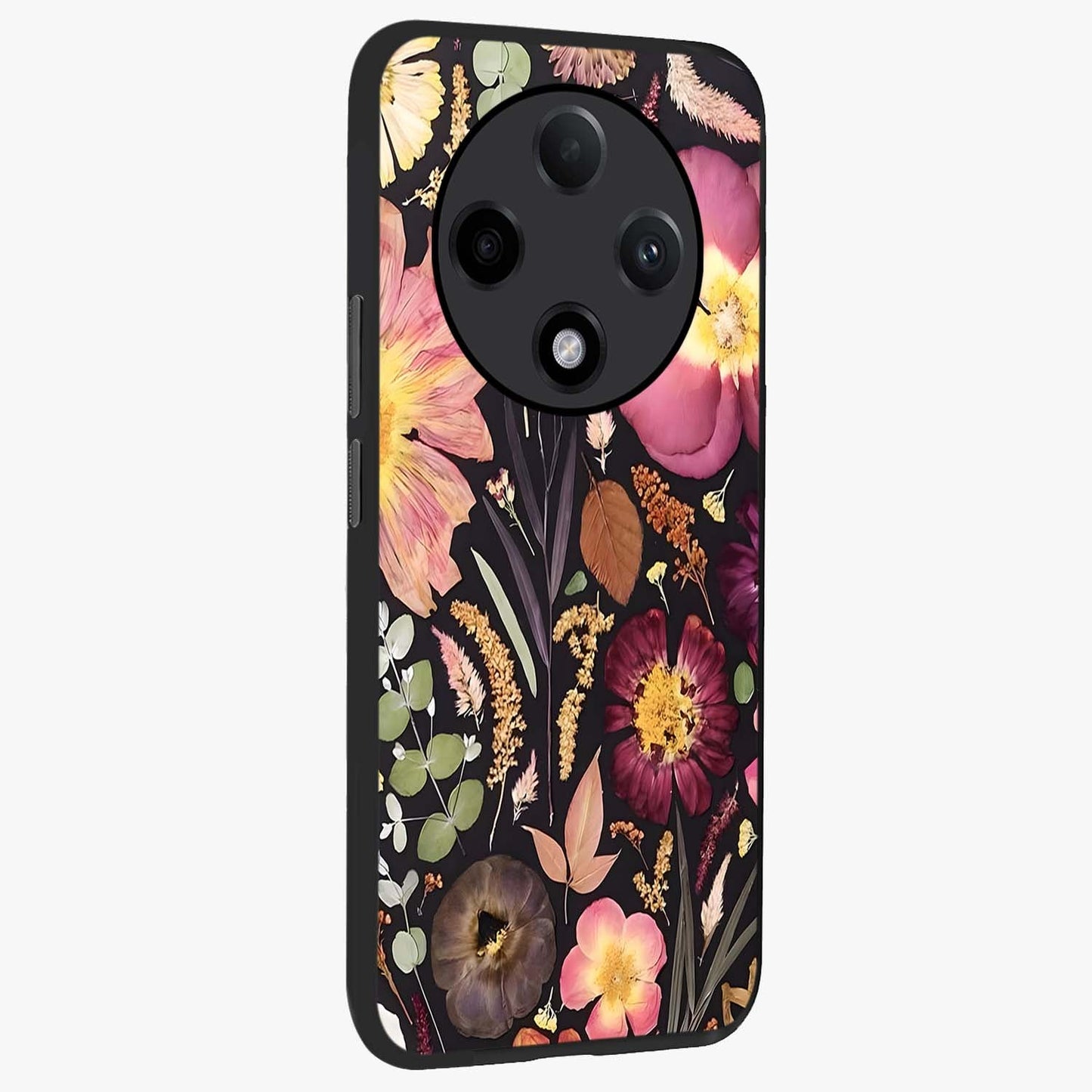 Petal Dream Tapestry Glass Case upright view showcasing detailed floral tapestry artwork with artistic nature theme.
