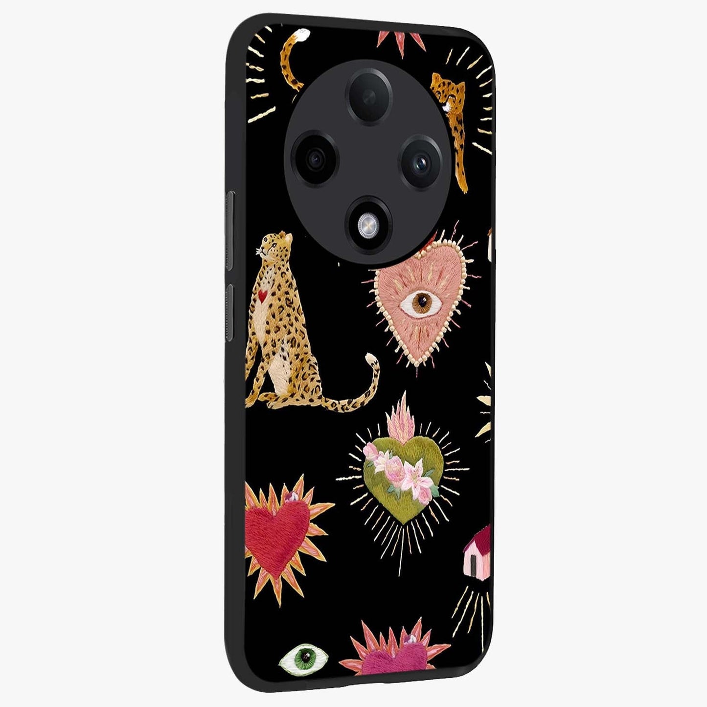 Sacred Jungle Heart Glass Case upright view showcasing vibrant jungle artwork with symbolic heart theme.