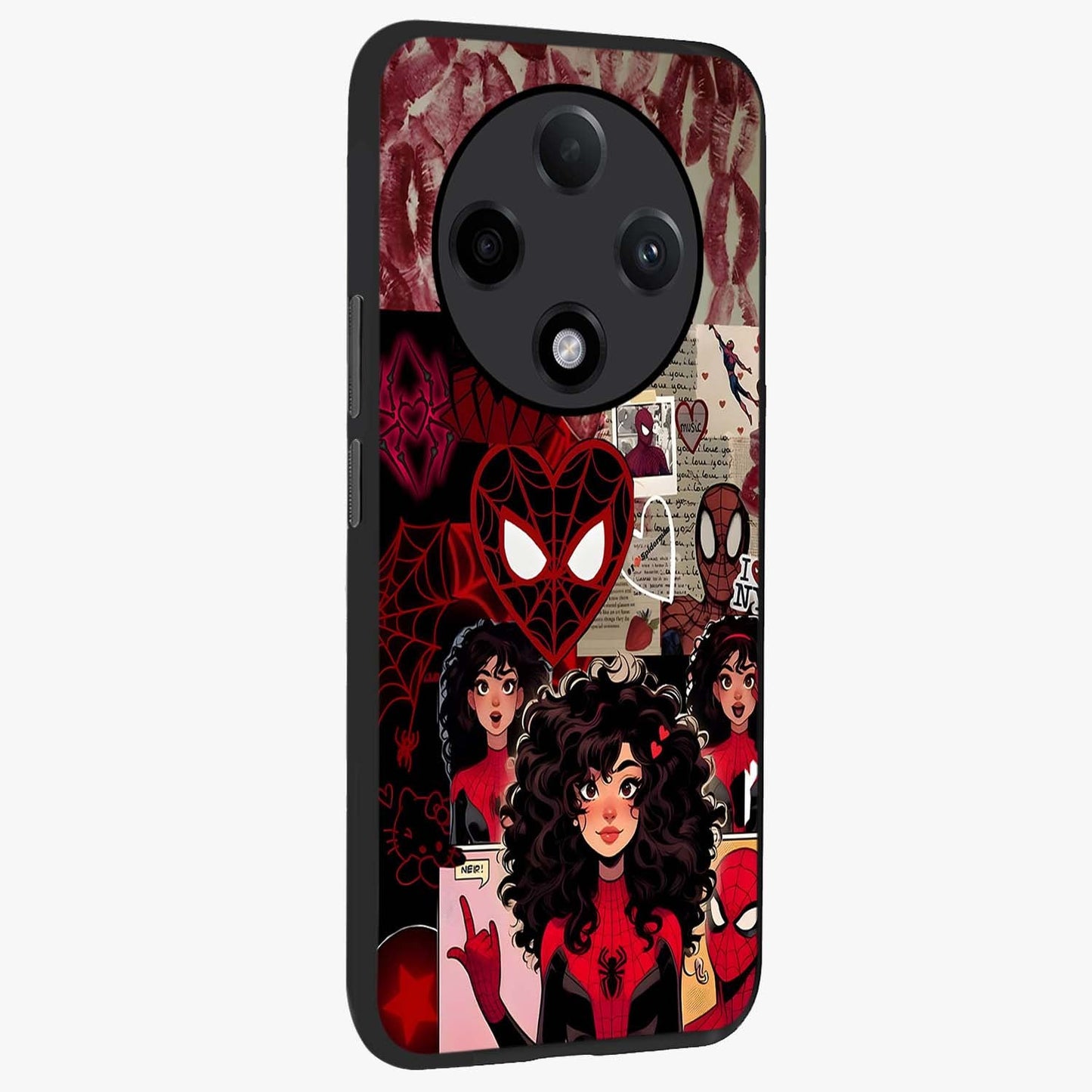 Spider Love Story Glass Case upright view showcasing charming superhero artwork with romantic comic theme.