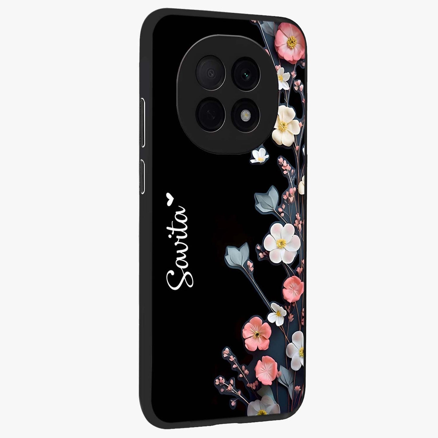 Black Elegance Floral Custom Name Glass Case upright view showcasing luxurious black floral design with personalized name detail.