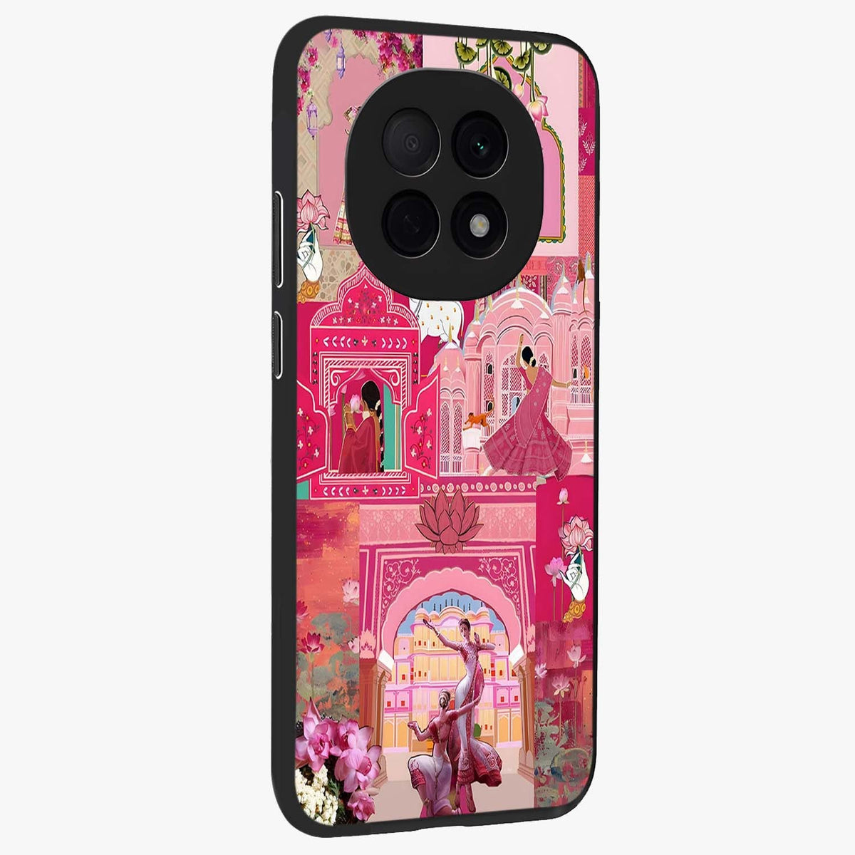 Blossoms of Rajasthan Glass Case upright view showcasing colorful floral design inspired by traditional Indian art.
