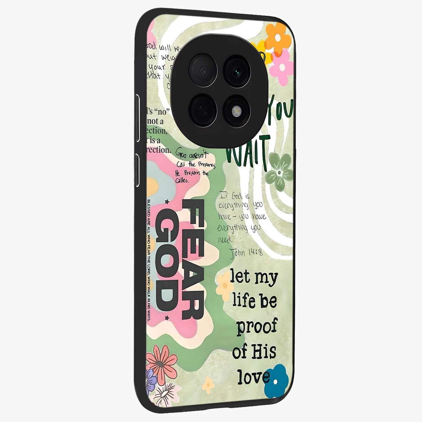 Faith Over Fear Glass Case upright view showcasing bold typography artwork with uplifting motivational theme.