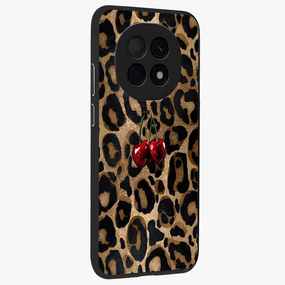 Leopard Wild Cherry Glass Case upright view showcasing stylish leopard pattern artwork with trendy fashion theme.