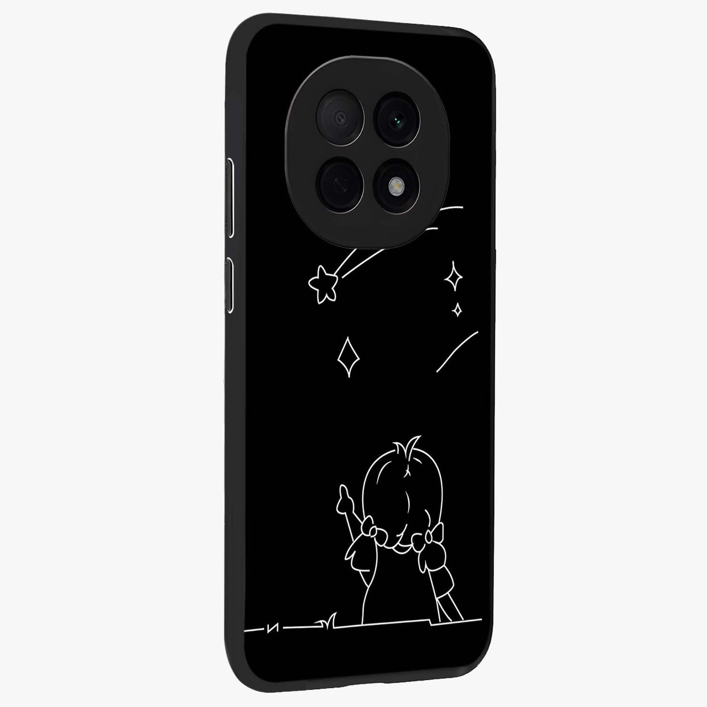 Line Art Girl With Shooting Stars Glass Case upright view showcasing delicate shooting stars artwork with minimal artistic theme.