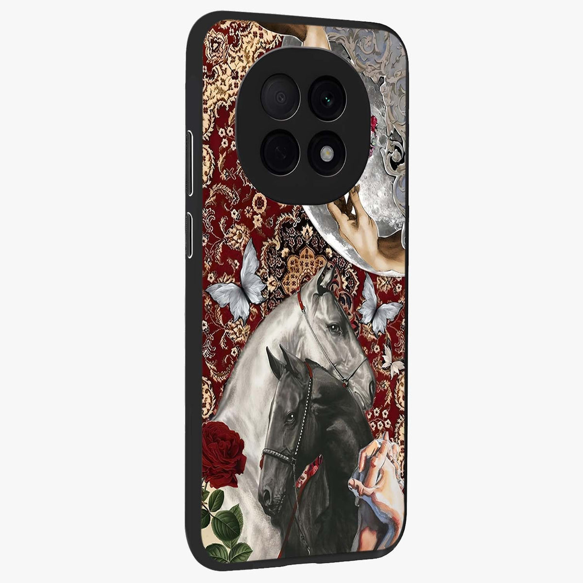 Moonlit Royal Stallion Glass Case upright view showcasing dramatic horse artwork with glowing moon themed design.