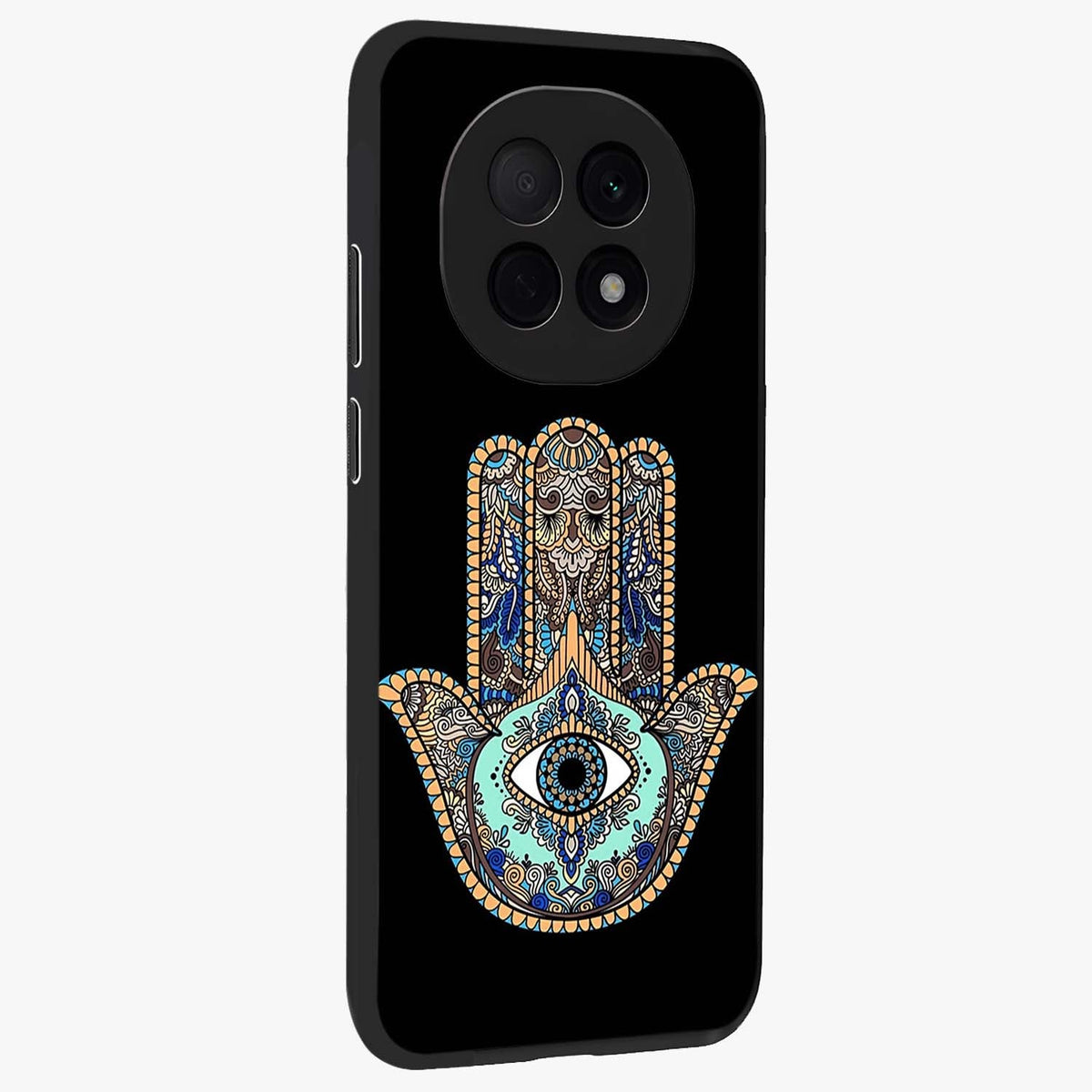 Mystic Hamsa Eye Glass Case upright view showcasing detailed hamsa eye artwork with protective spiritual theme.