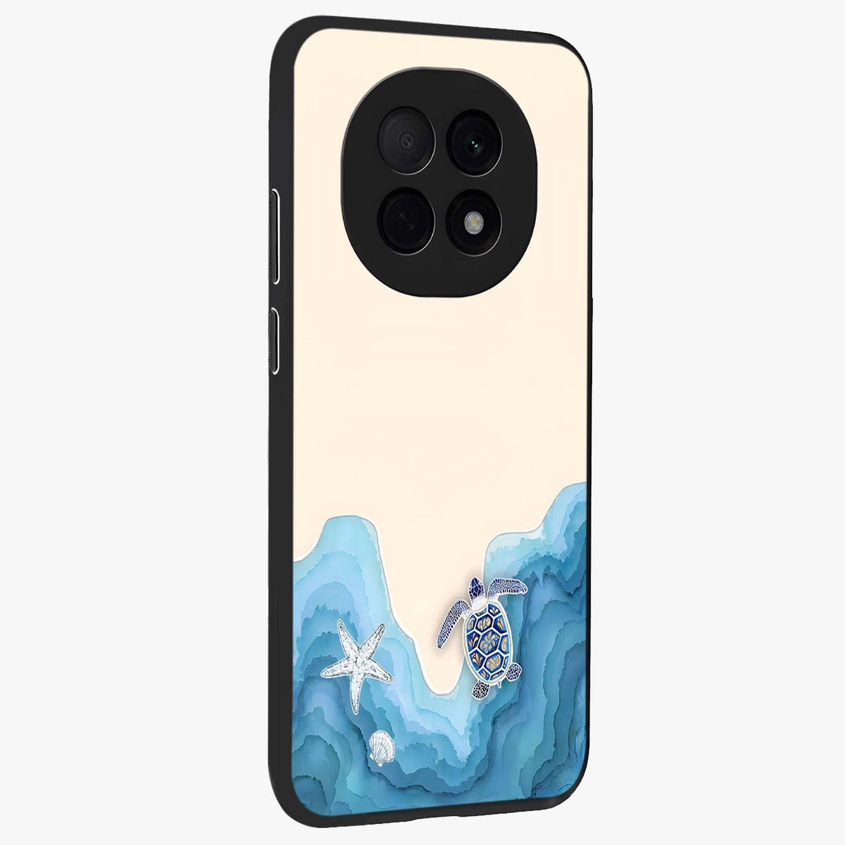 Ocean Drift Turtle Glass Case upright view showcasing calm underwater turtle artwork with nature inspired theme.