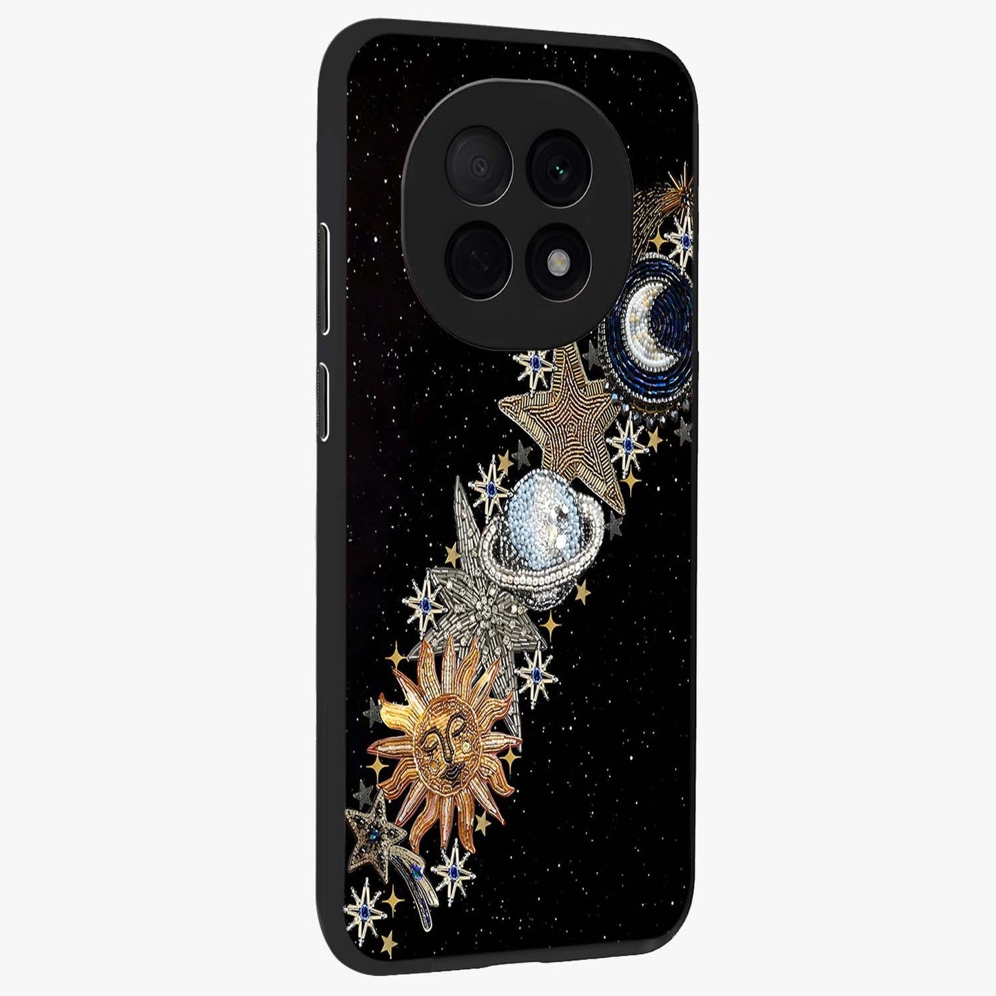 Pearls Universe Object Glass Case upright view showcasing decorative pearl themed artwork with cosmic elegance.