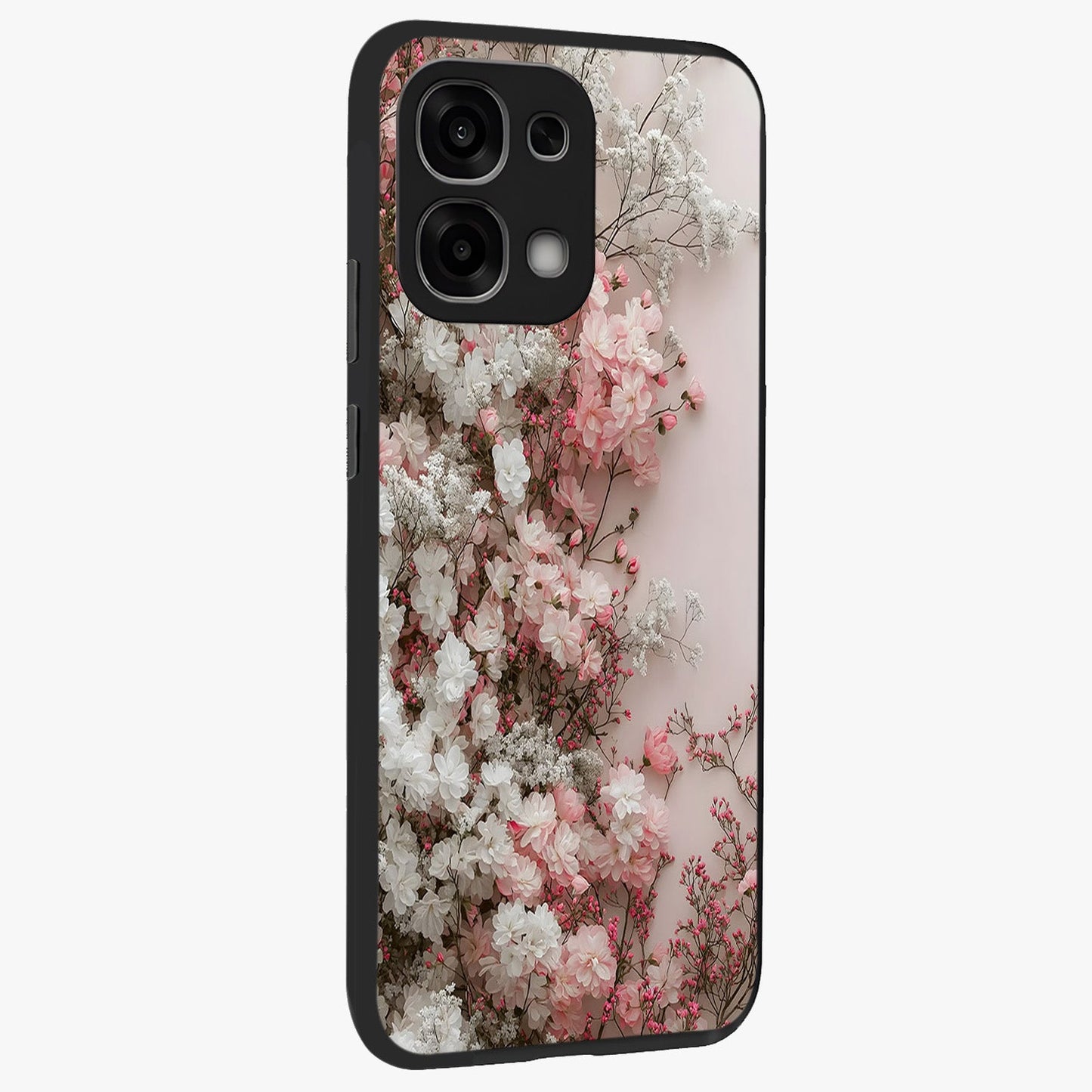Blush Blossom Cloud Glass Case upright view showcasing calm floral cloud artwork with gentle dreamy theme.
