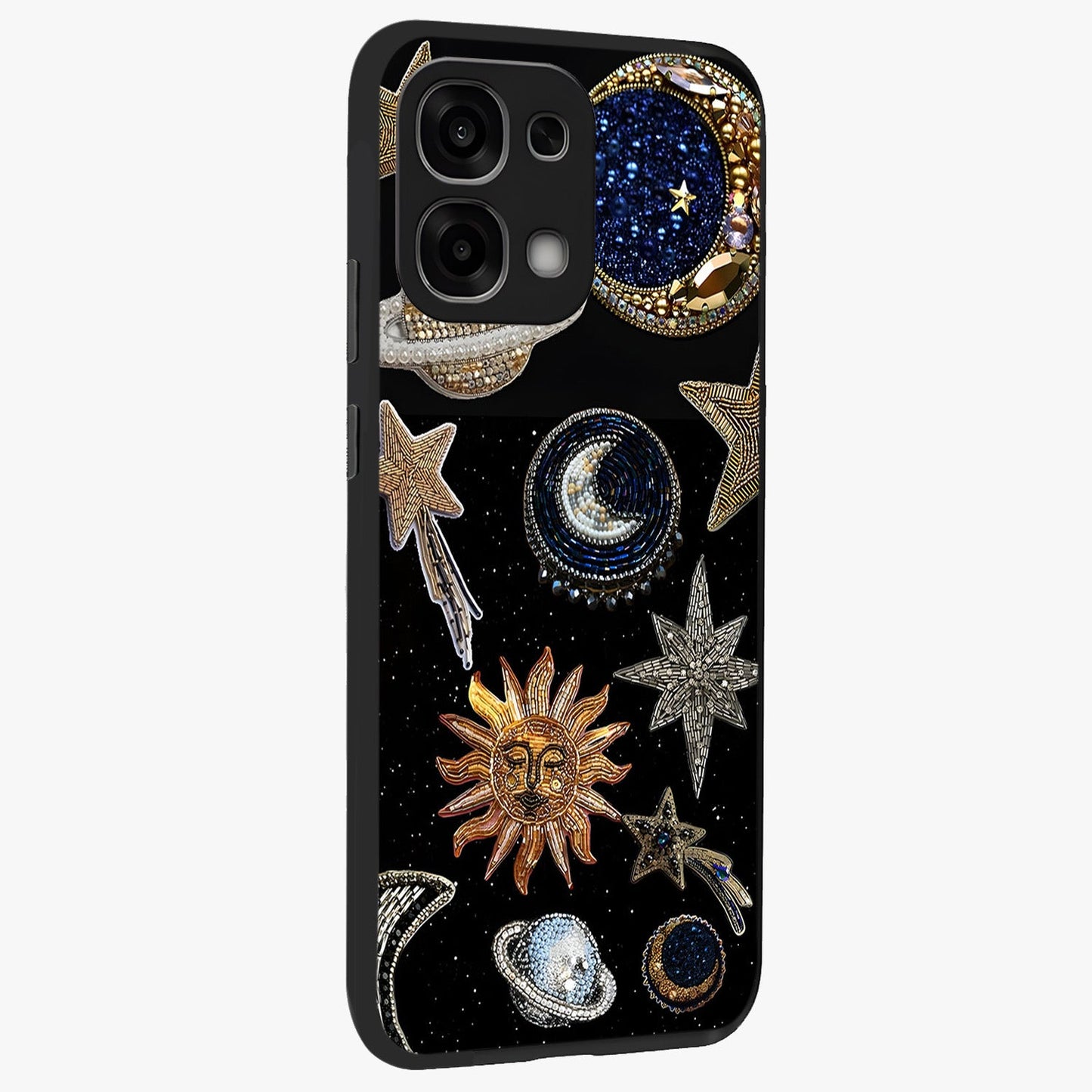 Celestial Gem Constellations Glass Case upright view showcasing cosmic constellation artwork with celestial aesthetic style.