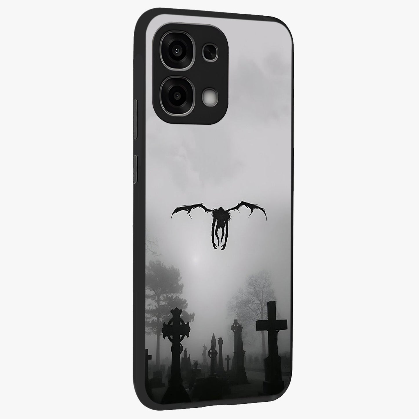 Graveyard Shadow Descent Glass Case upright view showcasing haunting graveyard artwork with dramatic dark theme.
