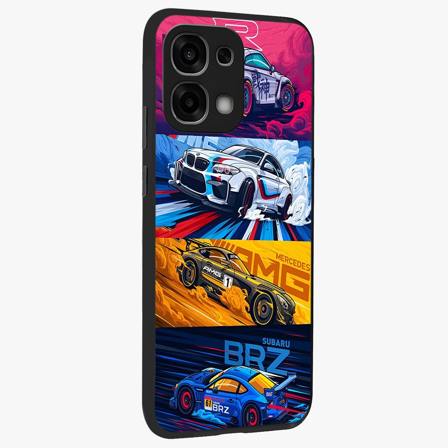 JDM Sports Car Glass Case upright view showcasing dynamic sports car artwork with bold racing theme.