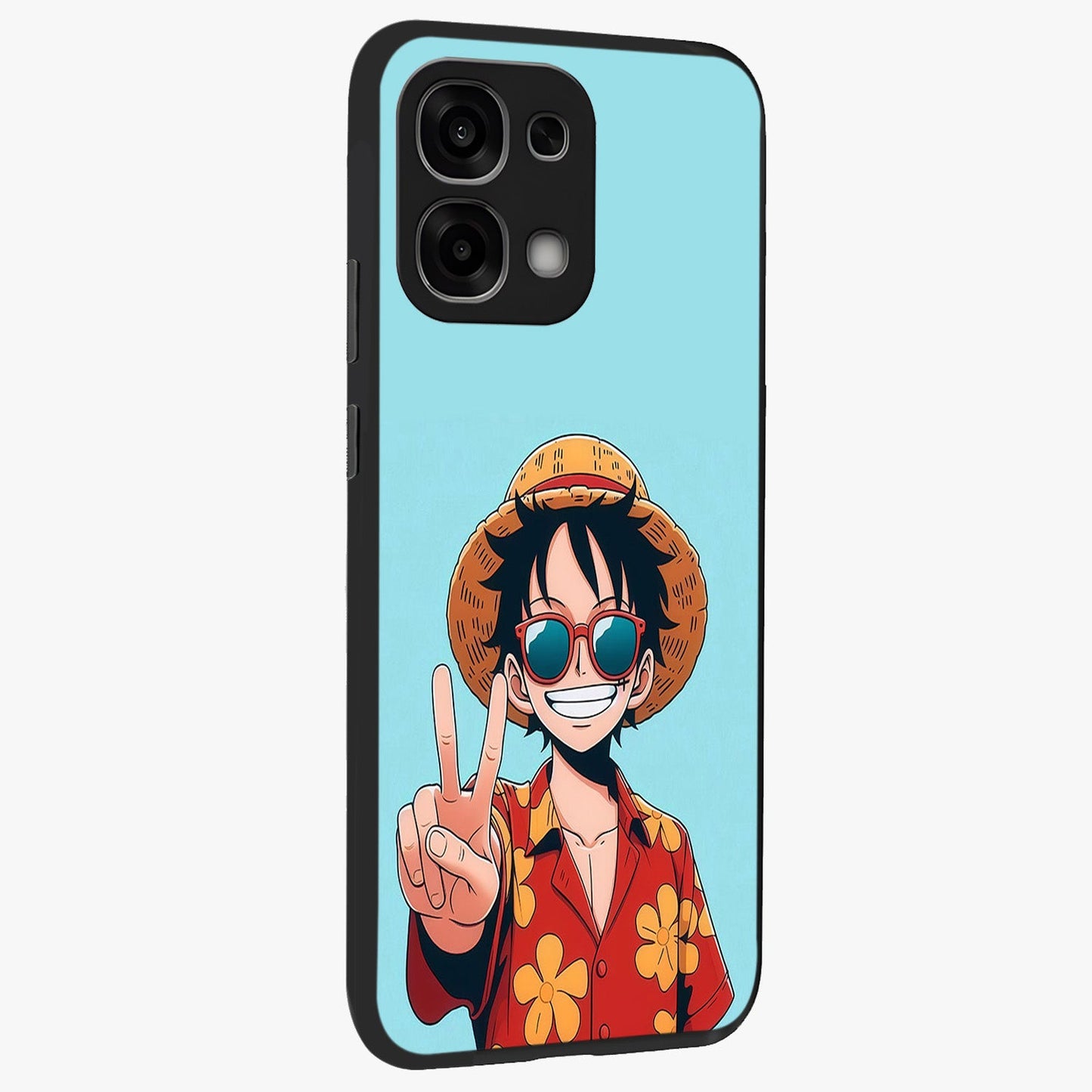 Luffy Summer Anime Vibe Glass Case upright view showcasing dynamic anime artwork with bright adventurous theme.