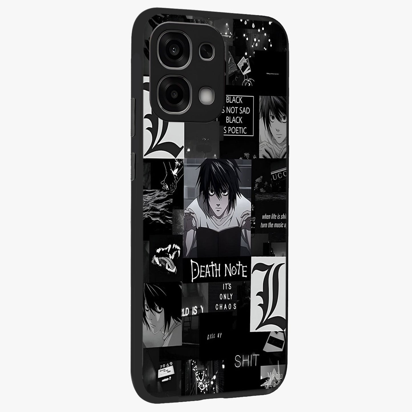 Midnight Chaos Mind Glass Case upright view showcasing expressive abstract artwork with bold dark theme.