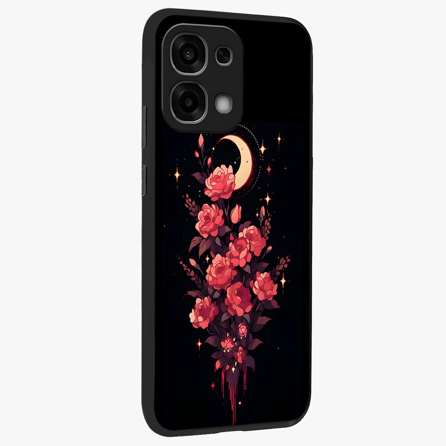 Moonlit Floral Elegance Glass Case upright view showcasing delicate floral artwork with refined night inspired theme.