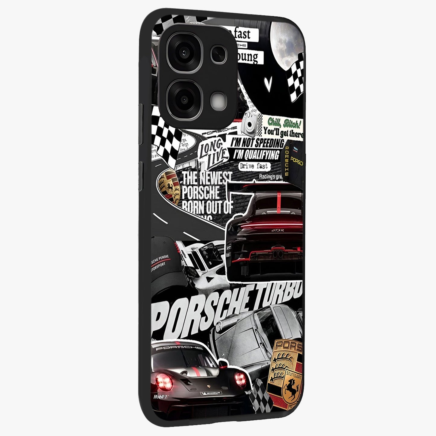 Porsche Racing Collage Glass Case upright view showcasing energetic car collage artwork with high speed racing theme.