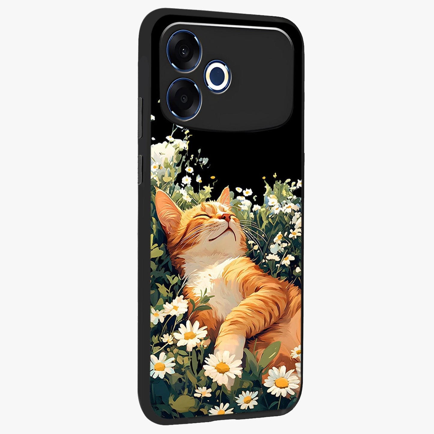 Blissful Bloom Cat Glass Case upright view showcasing charming cat design surrounded by blooming floral elements.