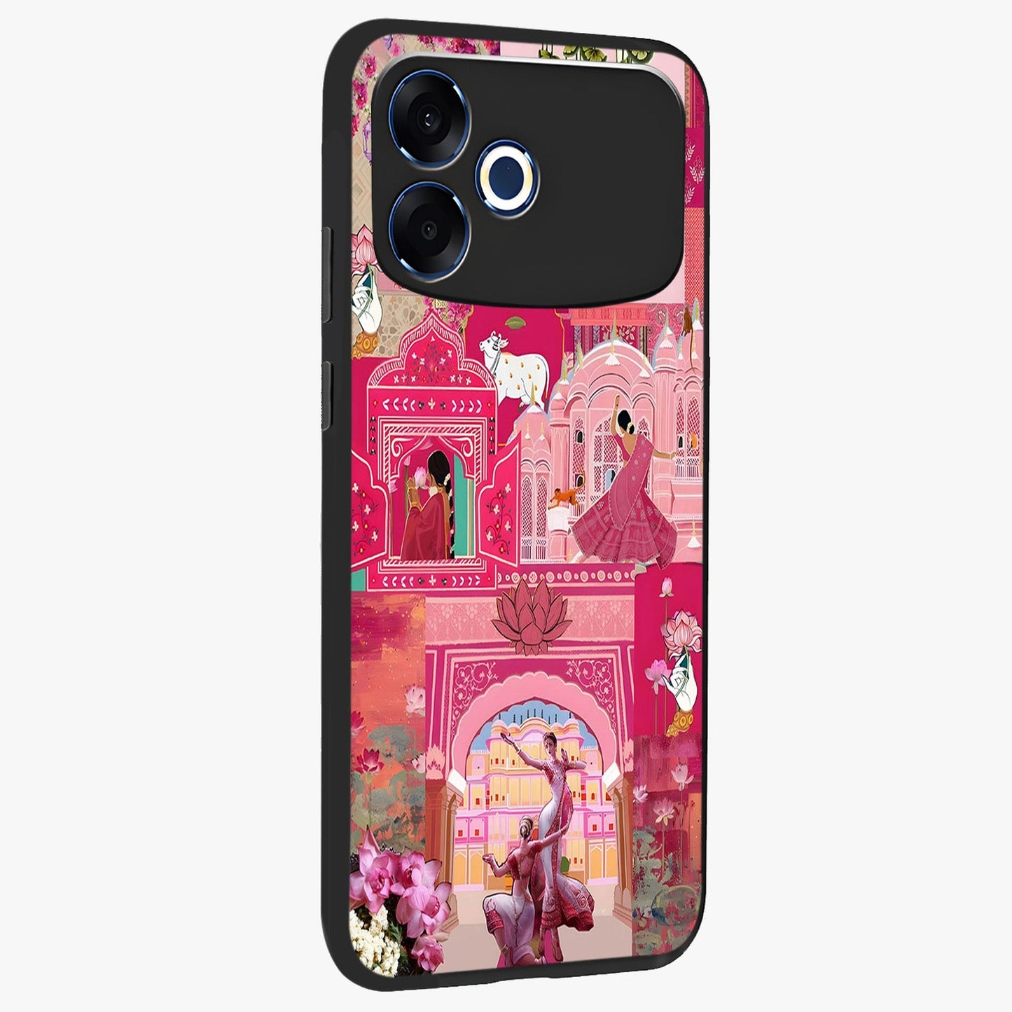 Blossoms of Rajasthan Glass Case upright view showcasing colorful floral design inspired by traditional Indian art.
