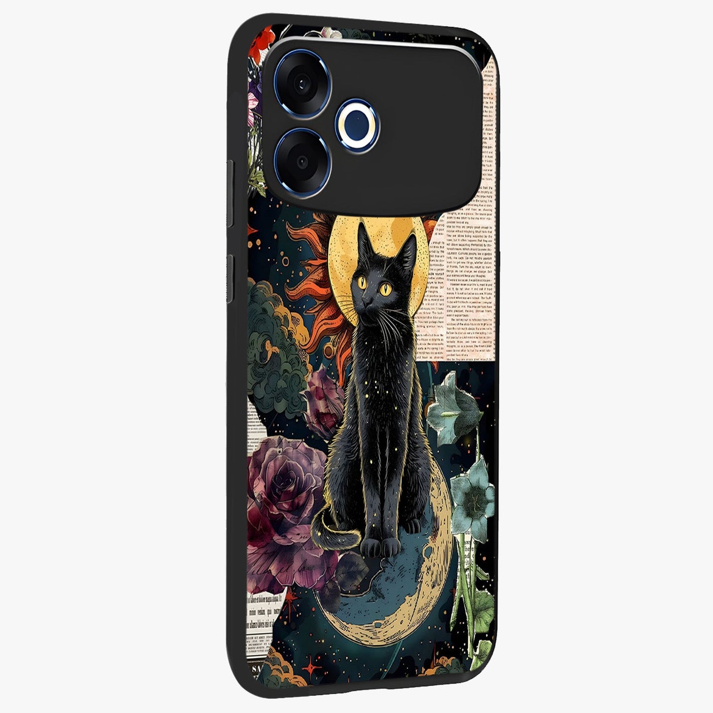 Celestial Black Cat Glass Case upright view showcasing magical black cat illustration with starry cosmic theme.