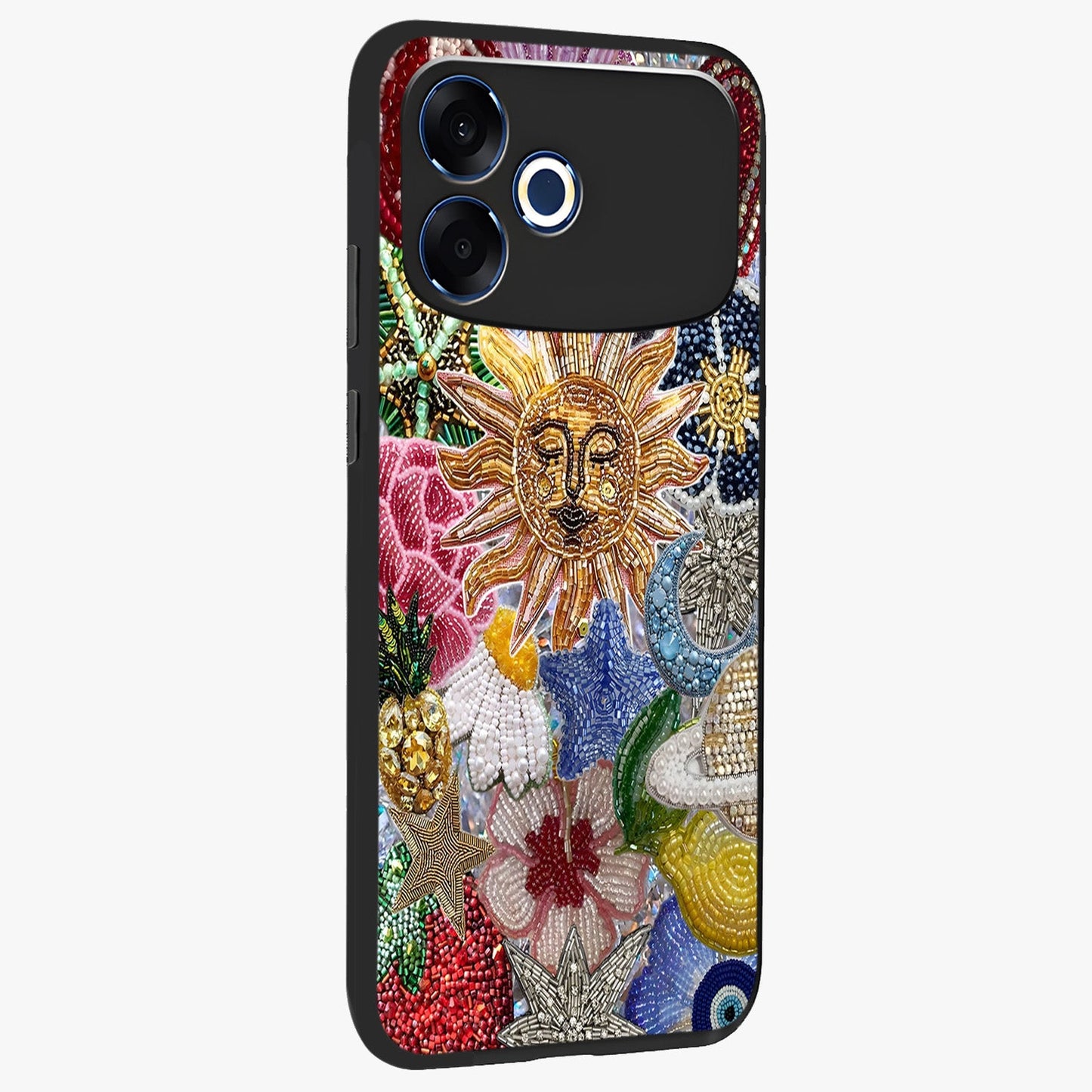 Celestial Floral and Playful Glass Case upright view showcasing whimsical floral artwork with cosmic aesthetic theme.