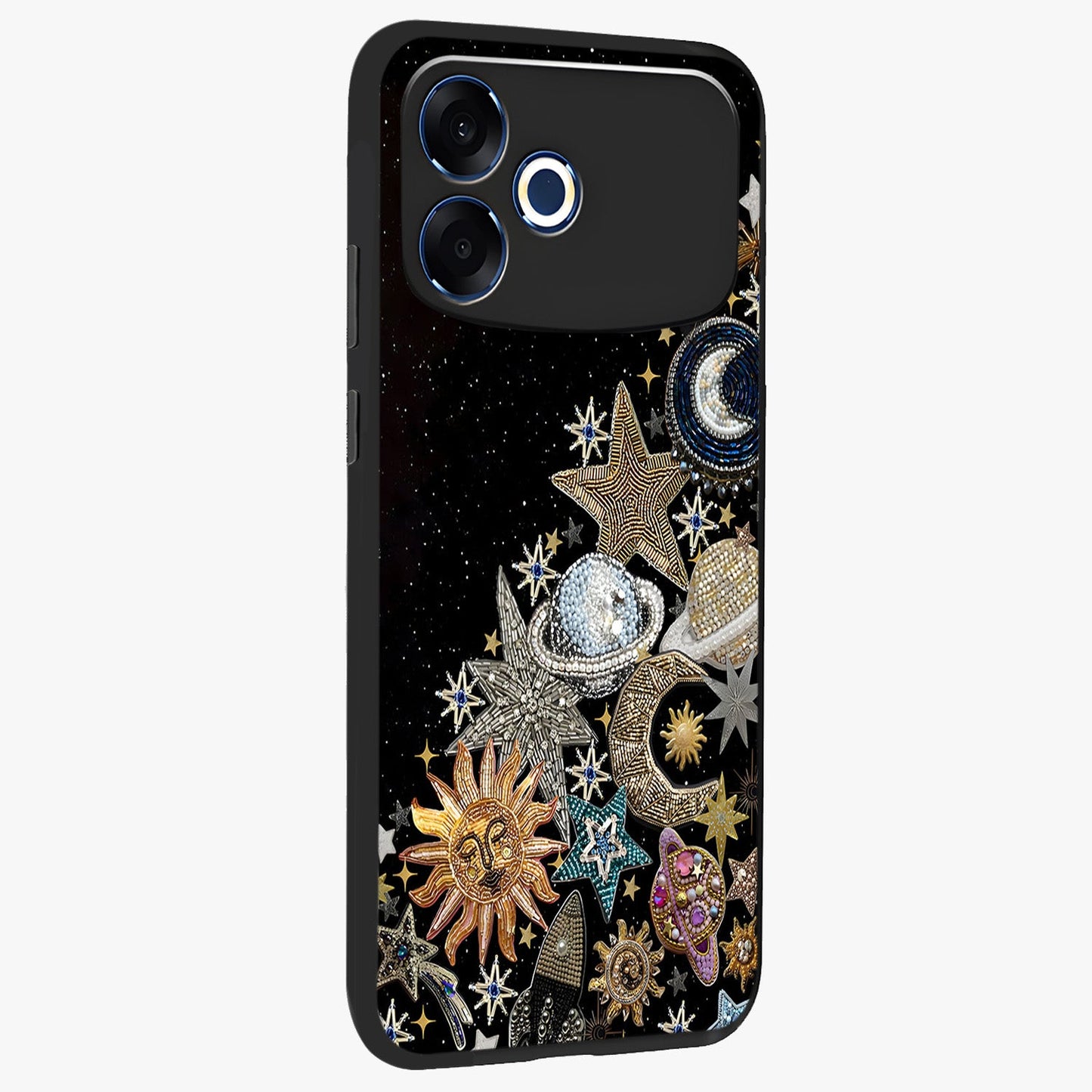 Cosmic Sparkle Dreams Glass Case upright view showcasing glowing cosmic artwork with magical galaxy theme.