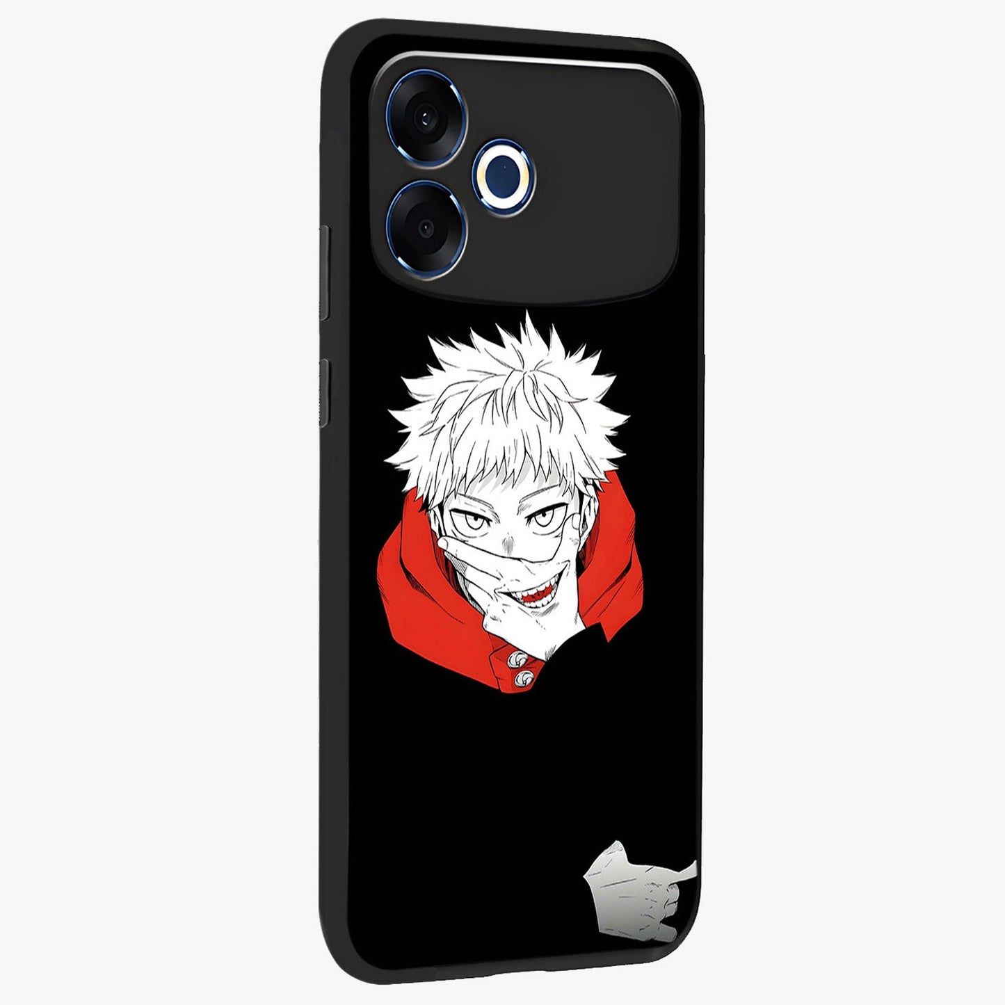 Crimson Chaos Smile Glass Case upright view showcasing expressive chaotic artwork with striking visual theme.