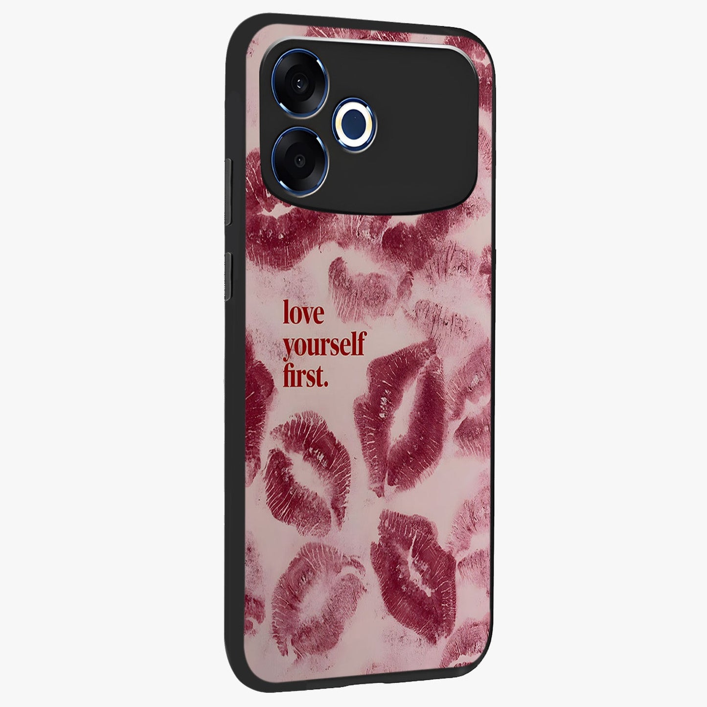 Crimson Kiss Love Glass Case upright view showcasing expressive romantic artwork with deep crimson theme.