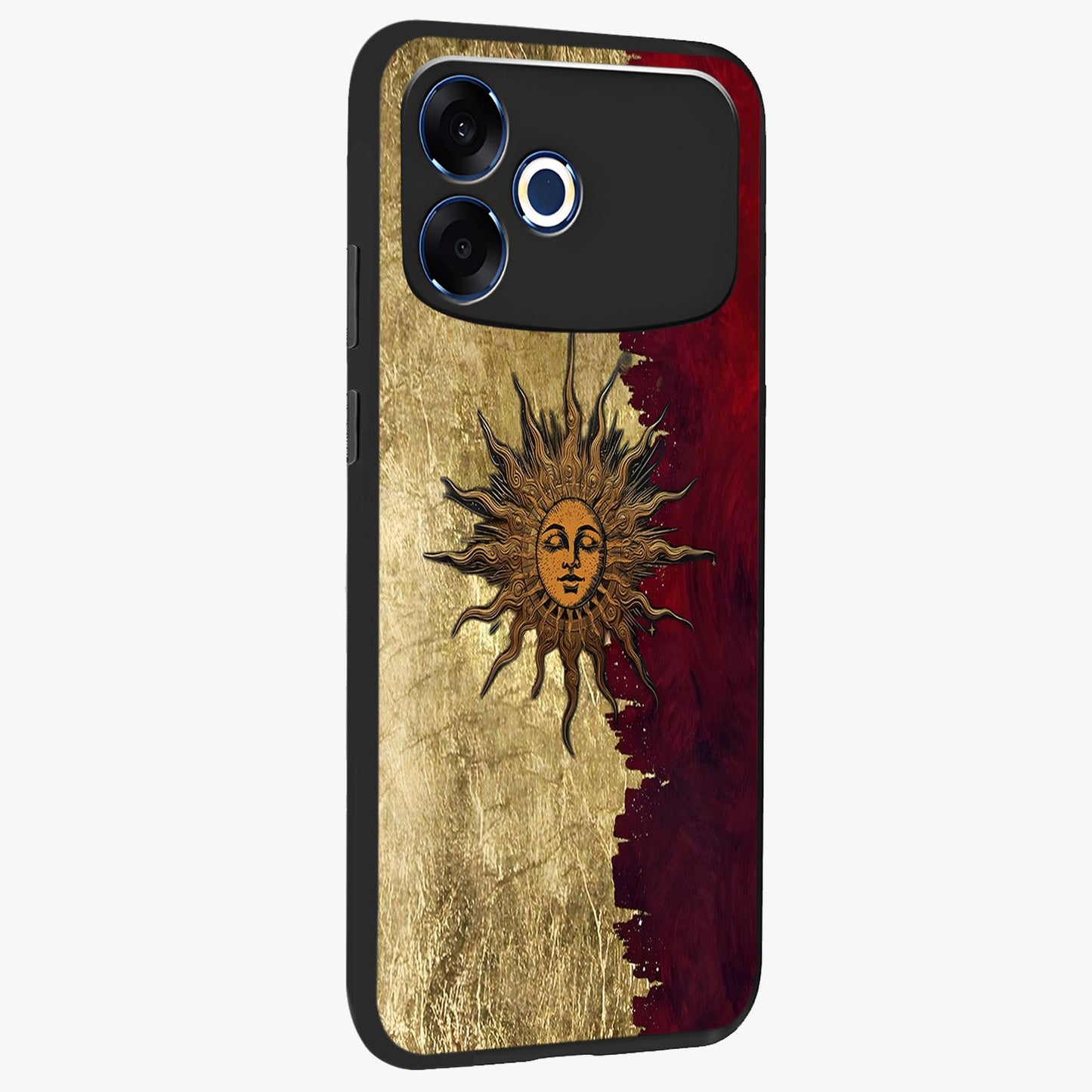 Crimson Sun Majesty Glass Case upright view showcasing vibrant sun artwork with powerful celestial theme.