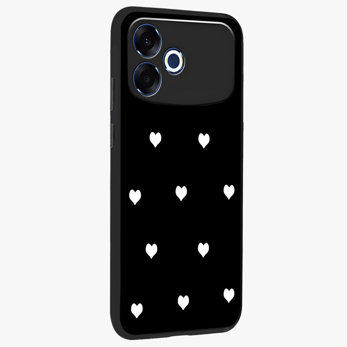 Cute And Simple White Hearts Glass Case upright view showcasing simple white hearts artwork with soft minimal theme.