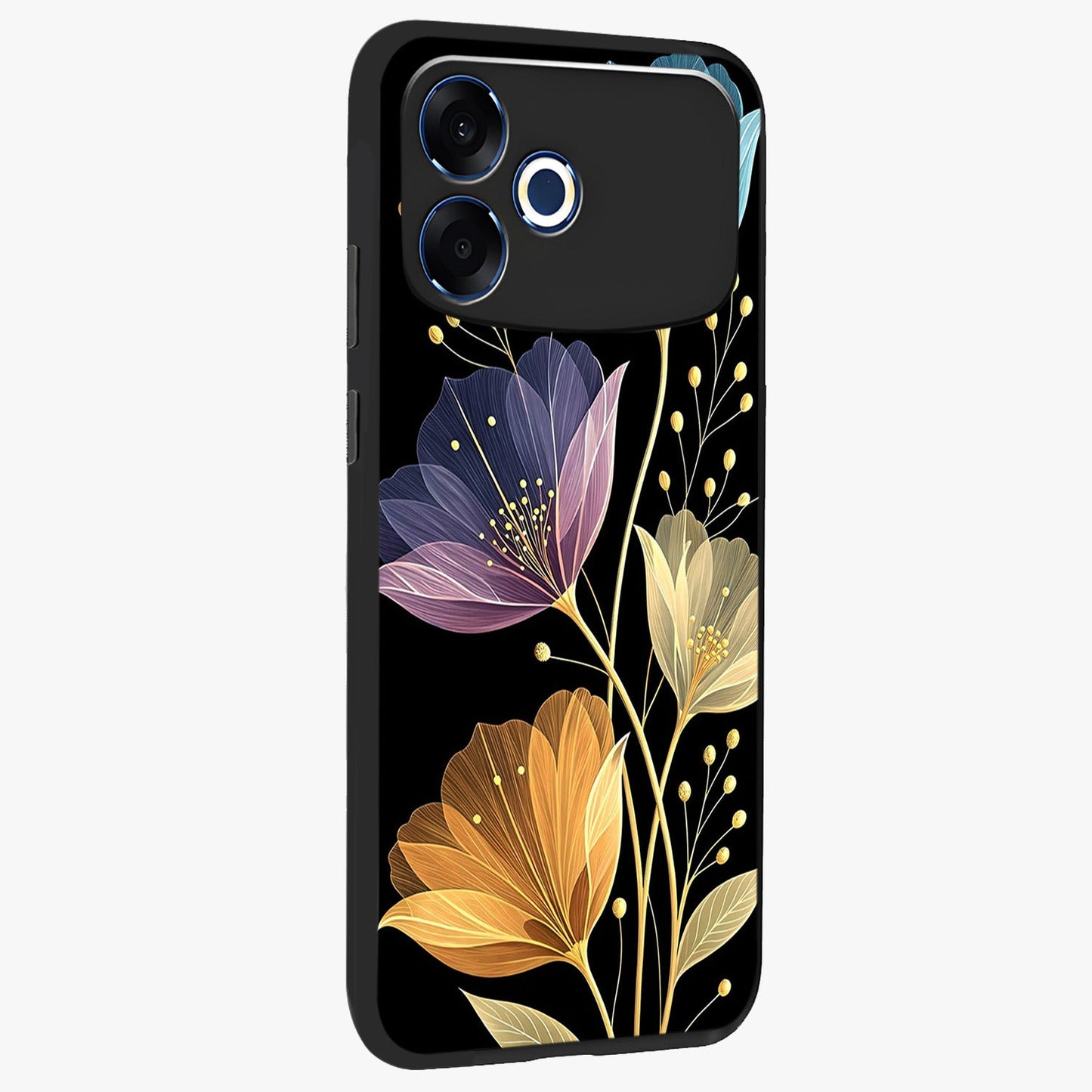 Delicate Multicolor Flowers Glass Case upright view showcasing delicate floral artwork with bright botanical theme.
