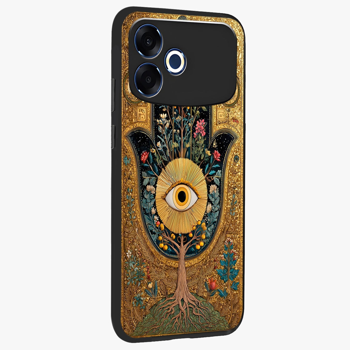 Ethereal Evil Eye Glass Case upright view showcasing celestial evil eye artwork with mystical theme.