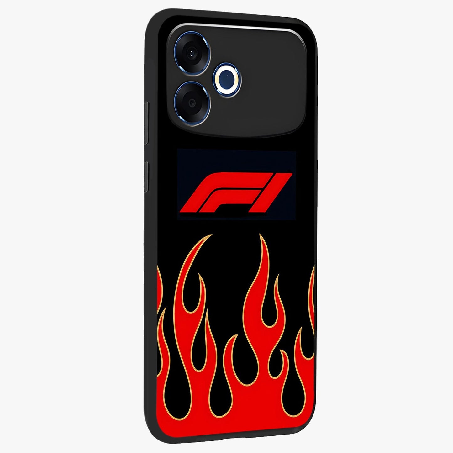 Fire F11 Glass Case upright view showcasing dynamic flame artwork with intense visual theme.