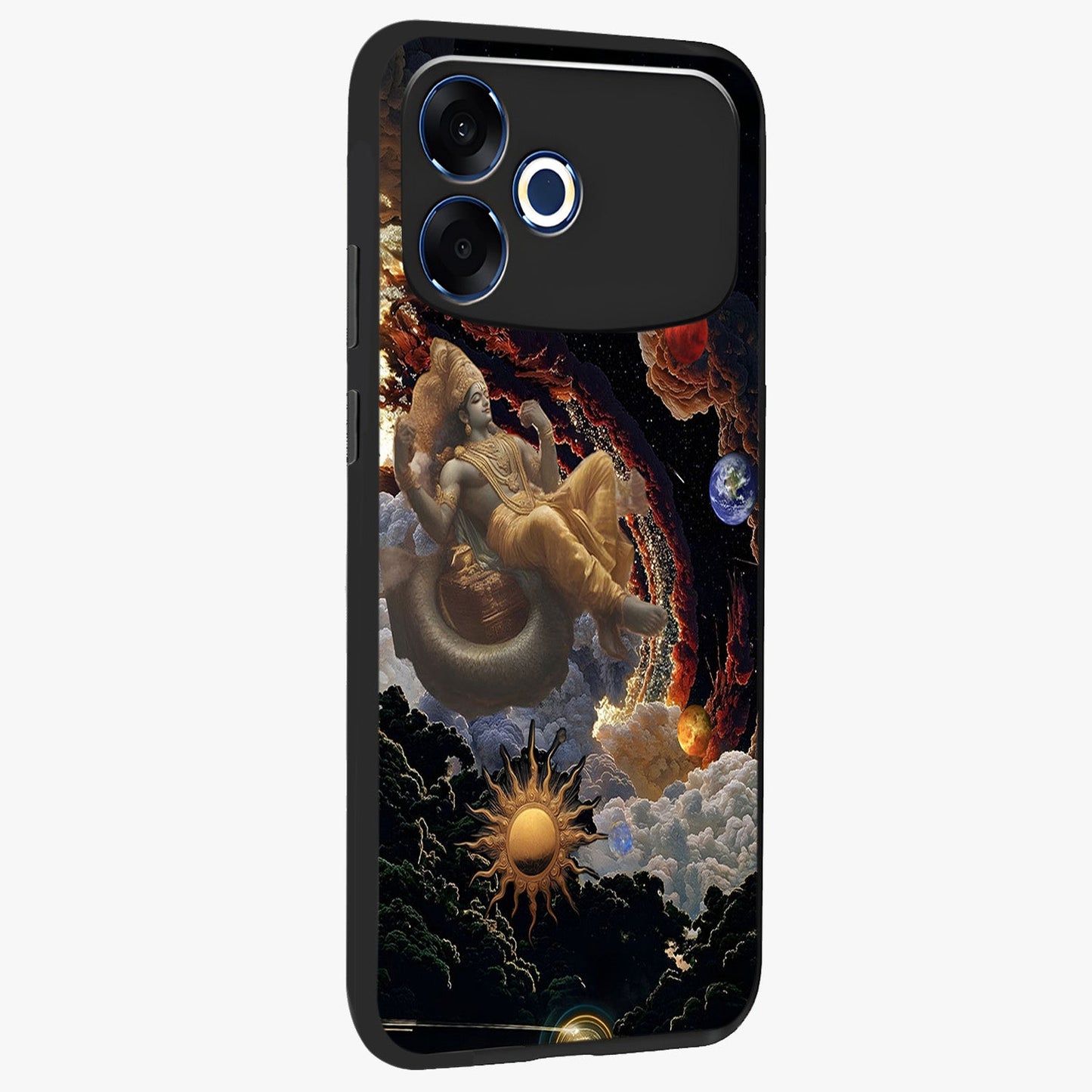 Galactic Divine God Glass Case upright view showcasing mystical divine artwork with dramatic cosmic theme.